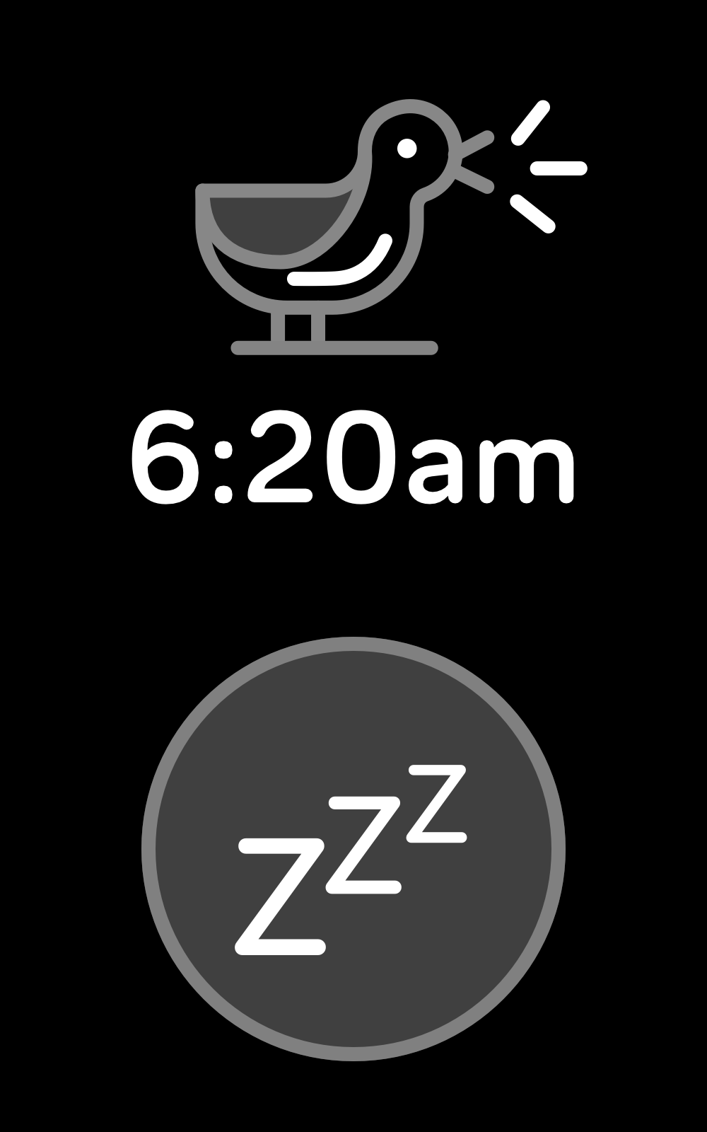 Écran d'alarmes d'une alarme définie sur 6 h 20